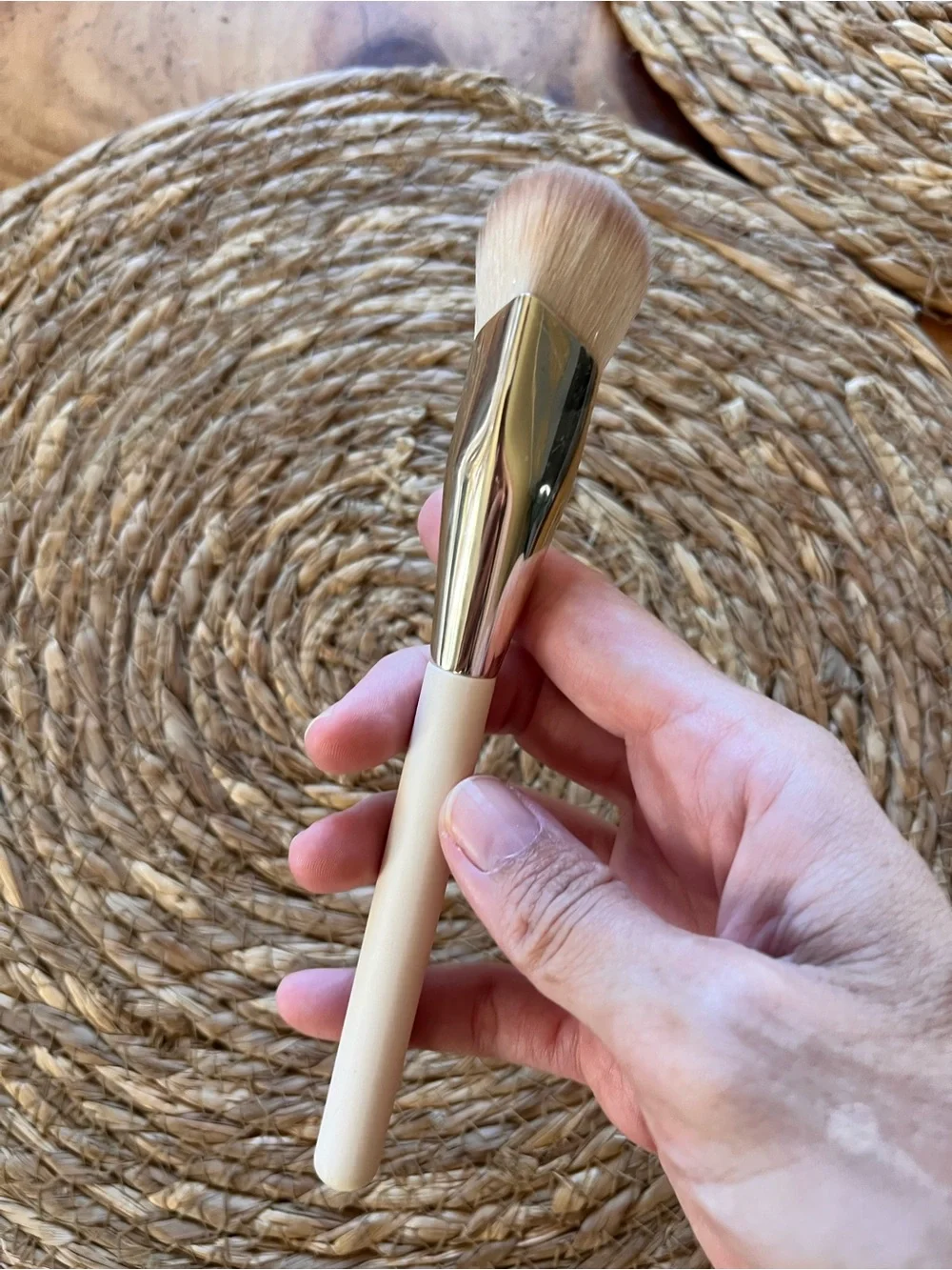 Rare Beauty Angled Foundation Brush in Cream Handle with Gold Ferrule